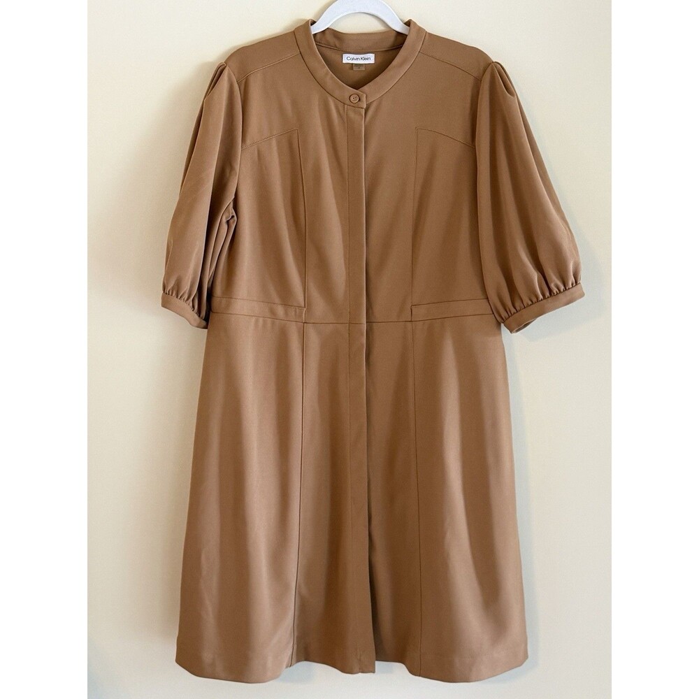 Calvin Klein Dress Women 14 Camel Tan Puff Sleeve Button Front Career Midi